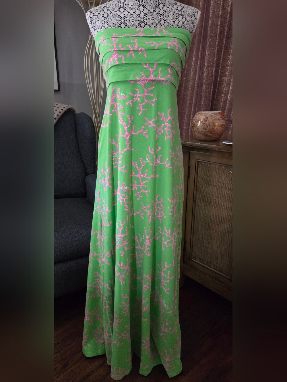 Lilly Pulitzer Lime Green Strapless Maxi Dress with Pink Coral Print